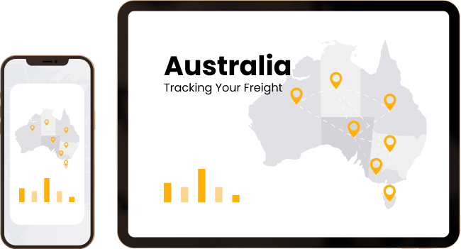Tablet and smartphone displaying a digital dashboard with a map of Australia and tracking data for shipping containers.