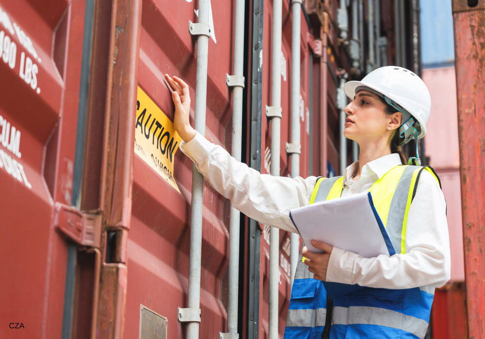 Woman wearing safety helmet and vest inspecting a shipping container for self-pack house removals in Australia.