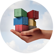 Hand holding miniature shipping containers representing container hire and sales services.